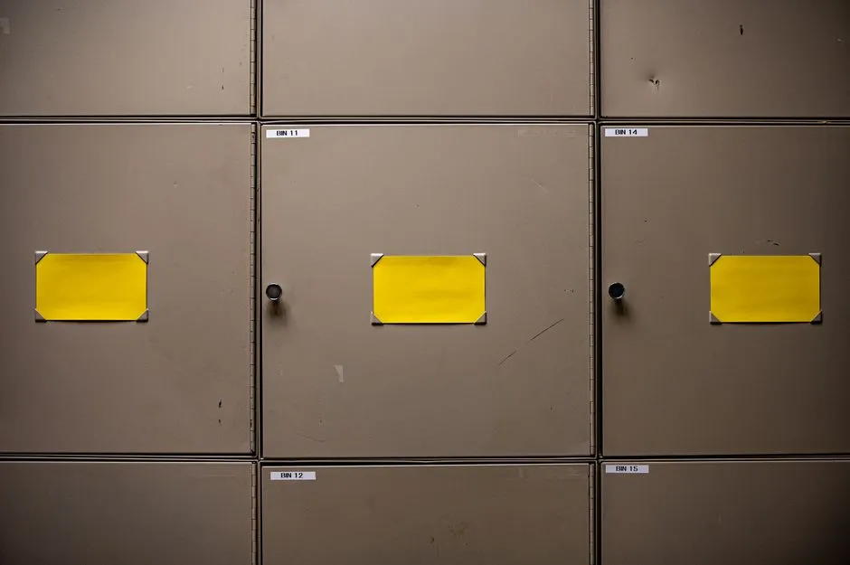 Paper records stored on a metal office shelving cabinet, illustrative of a records office